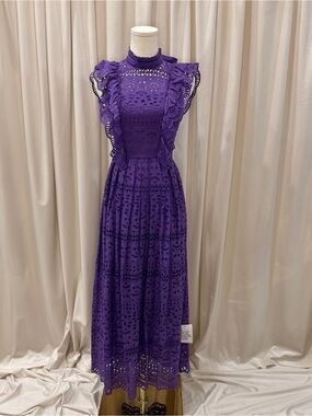 ASOS DESIGN Purple Broderie Anglaise Open Back Midi Dress | Eyelet Lace | US 0